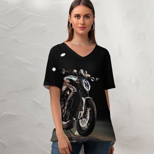 yanfind V Neck T-shirt for Women Black Dark Bikes MV Agusta Dragster RR SCS Night Tarmac Summer Top  Short Sleeve Casual Loose