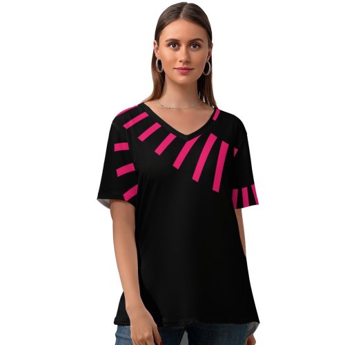 yanfind V Neck T-shirt for Women Abstract Black Dark Minimal Cyan Gears Minimalist AMOLED Summer Top  Short Sleeve Casual Loose