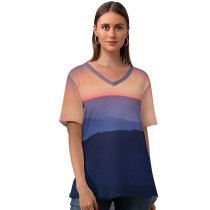 yanfind V Neck T-shirt for Women Claudio Testa Sunset Sky Mountains Foggy Mountain Range Summer Top  Short Sleeve Casual Loose