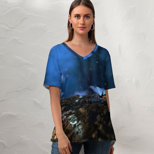 yanfind V Neck T-shirt for Women Butterflies Mushroom Plants Macro Forest Bokeh Summer Top  Short Sleeve Casual Loose