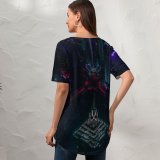 yanfind V Neck T-shirt for Women Black Dark Skyscrapers Shanghai Cityscape Aerial Night City Lights Summer Top  Short Sleeve Casual Loose