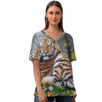 yanfind V Neck T-shirt for Women Tambako Jaguar Young Tigress Carnivore Autumn Leaves Grass Wild Big Cat Predator Summer Top  Short Sleeve Casual Loose
