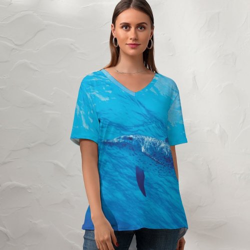 yanfind V Neck T-shirt for Women Dolphins Underwater Under Sea Aqua Summer Top  Short Sleeve Casual Loose