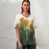 yanfind V Neck T-shirt for Women Arrangement Wallpapers Plant Bouquet Floral Blossom Flower Tulips Pictures Spring Tulip Summer Top  Short Sleeve Casual Loose