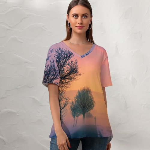 yanfind V Neck T-shirt for Women Johannes Plenio Golden Hour Foggy Sunrise Morning Winter Road Summer Top  Short Sleeve Casual Loose