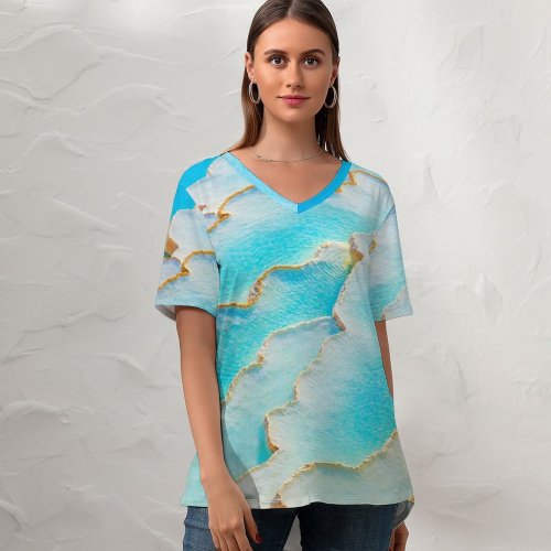 yanfind V Neck T-shirt for Women Talip ÇETİN Travertines Pamukkale Thermal Pools Limestone Summer Top  Short Sleeve Casual Loose