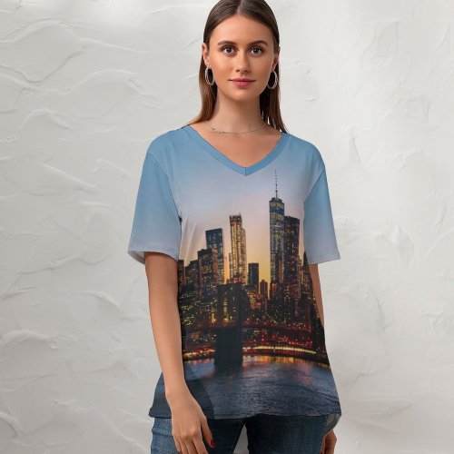 yanfind V Neck T-shirt for Women Luca Bravo Manhattan York City Manhattan Bridge Cityscape Sunset Urban Evening City Summer Top  Short Sleeve Casual Loose