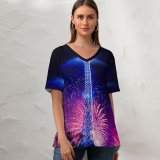 yanfind V Neck T-shirt for Women Joe DeSousa Eiffel Tower Fireworks Bastille Night Paris Summer Top  Short Sleeve Casual Loose