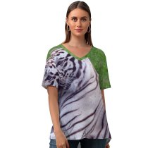 yanfind V Neck T-shirt for Women Anthony Poynton Tiger Grass Wild Big Cat Summer Top  Short Sleeve Casual Loose
