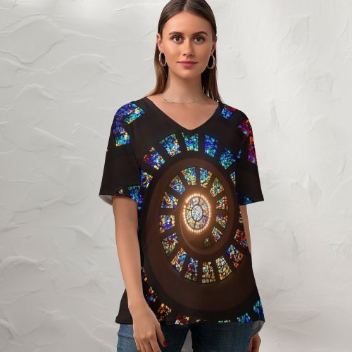 yanfind V Neck T-shirt for Women Architecture Spiral Ceiling Stained Glass Church Summer Top  Short Sleeve Casual Loose