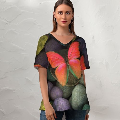 yanfind V Neck T-shirt for Women Butterfly Stones Colorful Focus Pebbles Summer Top  Short Sleeve Casual Loose