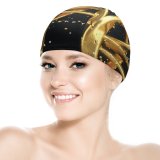 yanfind Swimming Cap Celebrations Year Golden Letters Calligraphic Ribbons Happy Party  Dark Elastic,suitable for long and short hair