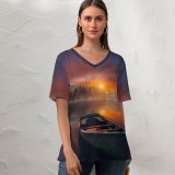 yanfind V Neck T-shirt for Women Hmetosche Sunset Boat Lake Reflections Dawn Mountains Fog Trees Summer Top  Short Sleeve Casual Loose