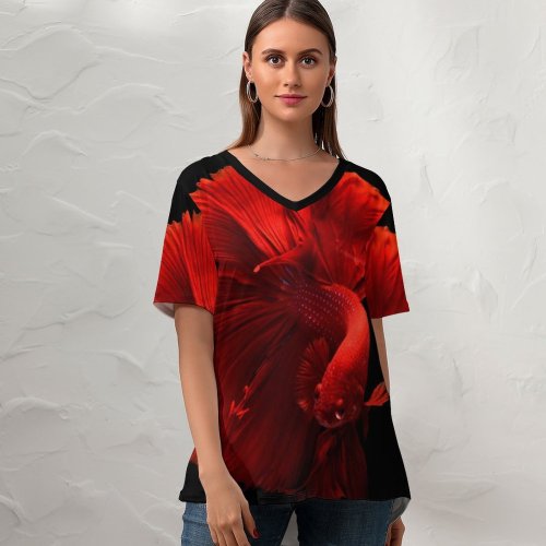 yanfind V Neck T-shirt for Women Black Dark Fish Underwater Summer Top  Short Sleeve Casual Loose