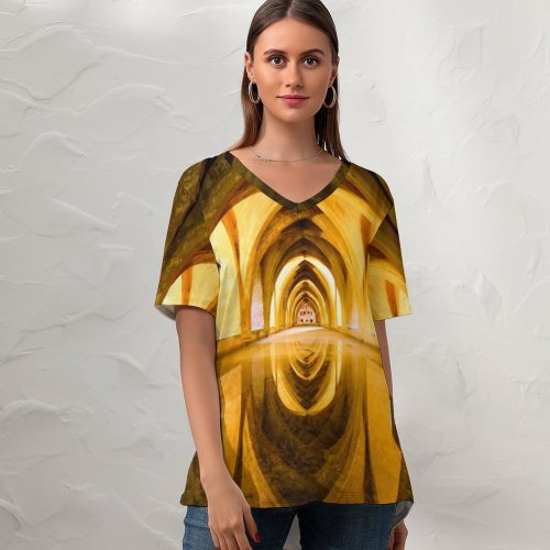 yanfind V Neck T-shirt for Women Bertrand P Architecture Ancient Real Alcazar Seville Royal Palace Spain Summer Top  Short Sleeve Casual Loose