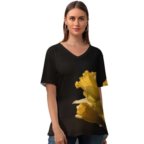 yanfind V Neck T-shirt for Women Arrangement Plant Commons Bouquet Home Blossom Flower Daffodil Spring Narcissus Creative Summer Top  Short Sleeve Casual Loose