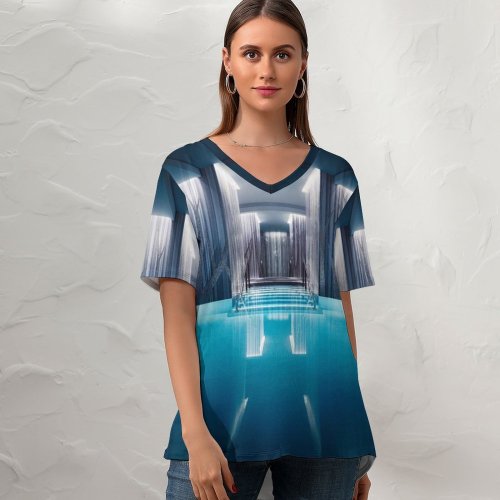 yanfind V Neck T-shirt for Women Otto Berkeley Pool Spa Reflections Peaceful Calm Summer Top  Short Sleeve Casual Loose