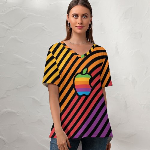 yanfind V Neck T-shirt for Women Technology Colorful Stripes Multicolor Summer Top  Short Sleeve Casual Loose