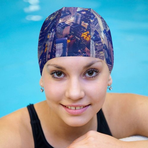 yanfind Swimming Cap Denys Nevozhai York City Aerial Cityscape Nightscape Night Time City Lights Skyscrapers Elastic,suitable for long and short hair