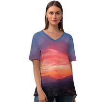 yanfind V Neck T-shirt for Women Sunset Mountains Countryside Twilight Afterglow Sky Summer Top  Short Sleeve Casual Loose