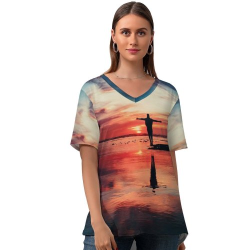 yanfind V Neck T-shirt for Women High Stress Life Freedom Landscape Relaxed Passionate Sky Wallpapers Free Energy Summer Top  Short Sleeve Casual Loose