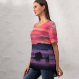 yanfind V Neck T-shirt for Women Bruno Glätsch Sky Sunset Landscape Foggy Scenery Clouds Trees Silhouette Dawn Summer Top  Short Sleeve Casual Loose