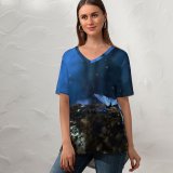 yanfind V Neck T-shirt for Women Butterflies Mushroom Plants Macro Forest Bokeh Summer Top  Short Sleeve Casual Loose