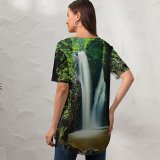 yanfind V Neck T-shirt for Women Simon Bardet Waterfall Forest Rocks Summer Top  Short Sleeve Casual Loose