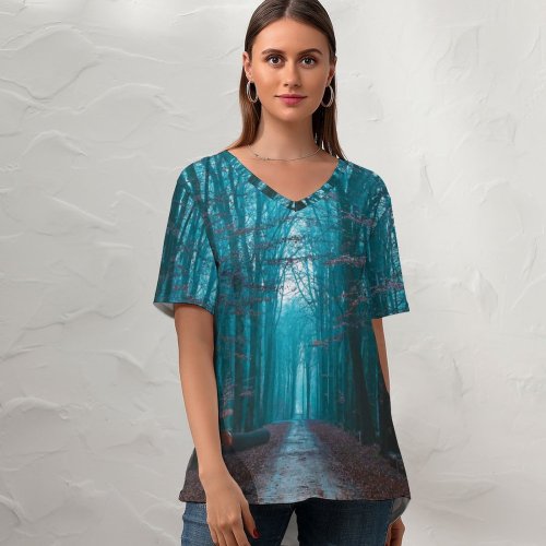 yanfind V Neck T-shirt for Women Fall Foliage Bare Trees Path Forest Morning Scenic Atmosphere Summer Top  Short Sleeve Casual Loose