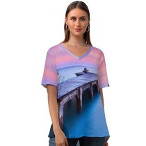 yanfind V Neck T-shirt for Women Anek Suwannaphoom Wooden Pier Sunrise Morning Foggy Daylight Summer Top  Short Sleeve Casual Loose