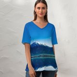 yanfind V Neck T-shirt for Women Kien Virak Glacier Mountains Lake Sunrise Sky Reflection Mountain Range Snow Covered Summer Top  Short Sleeve Casual Loose
