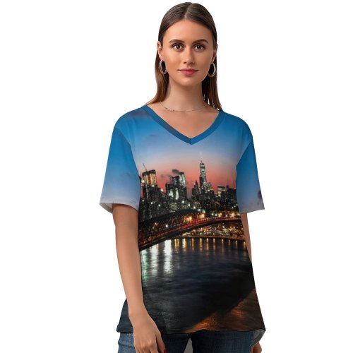 yanfind V Neck T-shirt for Women Matteo Catanese Williamsburg Bridge York City Suspension Bridge City Lights Night Cityscape Summer Top  Short Sleeve Casual Loose