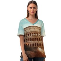 yanfind V Neck T-shirt for Women Colosseum Amphitheater Historical Structure Rome Ancient Architecture Italy Summer Top  Short Sleeve Casual Loose