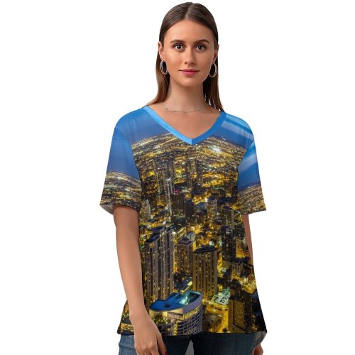 yanfind V Neck T-shirt for Women Chicago Illinois City Night Cityscape Sky Night Lights Buildings Skyscrapers Summer Top  Short Sleeve Casual Loose