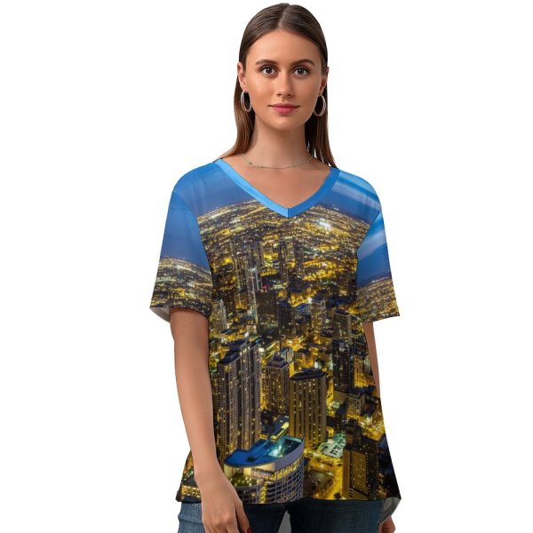 yanfind V Neck T-shirt for Women Chicago Illinois City Night Cityscape Sky Night Lights Buildings Skyscrapers Summer Top  Short Sleeve Casual Loose