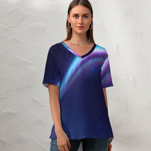 yanfind V Neck T-shirt for Women Fantasy Fleeting Dive Lighting Silhouette Sky Space Meteors Dream Summer Top  Short Sleeve Casual Loose