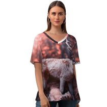 yanfind V Neck T-shirt for Women Comfreak Lion Deer Hirsch Predator Wild Big Cat Carnivore Fantasy Cute Summer Top  Short Sleeve Casual Loose