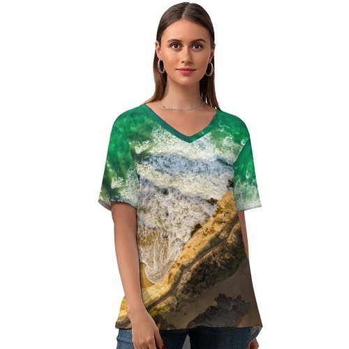yanfind V Neck T-shirt for Women Romain Guy Seashore Aerial Beach Cliff Ocean Waves Beautiful Birds Eye Sand Summer Top  Short Sleeve Casual Loose