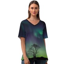 yanfind V Neck T-shirt for Women Aurora Borealis Northern Lights Night Summer Top  Short Sleeve Casual Loose