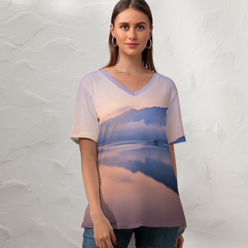 yanfind V Neck T-shirt for Women Mountain Sunrise Foggy Lake Reflection Dawn Summer Top  Short Sleeve Casual Loose