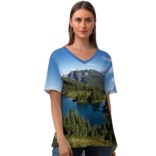 yanfind V Neck T-shirt for Women Mount Rainier Eunice Lake Landscape Sky Glacier Mountains Snow Covered Trees Clear Summer Top  Short Sleeve Casual Loose
