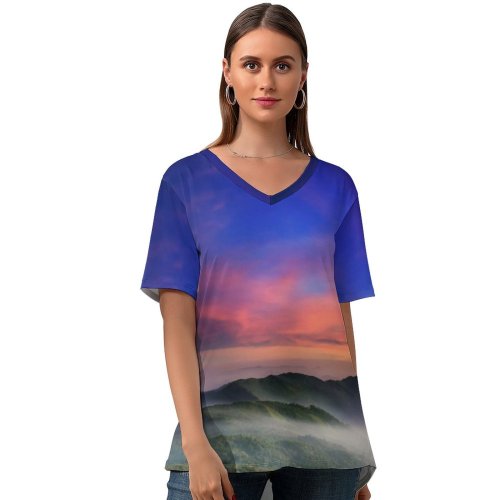 yanfind V Neck T-shirt for Women Anek Suwannaphoom Hot Air Balloons Doi Inthanon National Park Sunrise Dawn Hills Summer Top  Short Sleeve Casual Loose