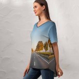 yanfind V Neck T-shirt for Women Autumn Barrier Journey Landscape Wallpapers Tree Alsheim Wine Trip Road Pictures Summer Top  Short Sleeve Casual Loose