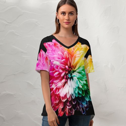 yanfind V Neck T-shirt for Women Sharon Pittaway Flowers Colorful Multicolor Summer Top  Short Sleeve Casual Loose