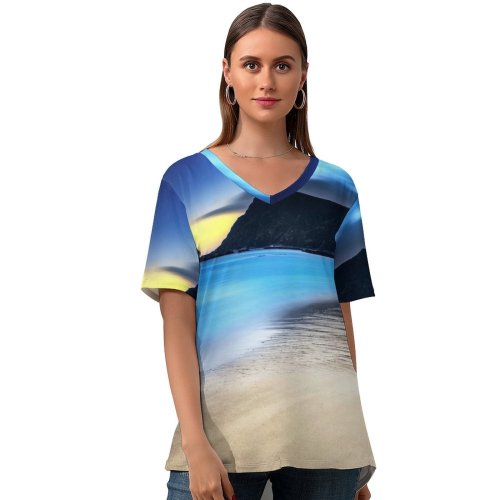 yanfind V Neck T-shirt for Women Lowe Rehnberg Grotlesanden Beach Norway Coastal Landscape Exposure Seascape Ocean Mountains Turquoise Summer Top  Short Sleeve Casual Loose
