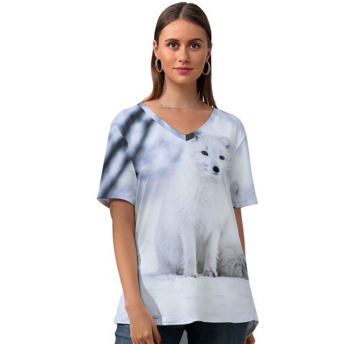 yanfind V Neck T-shirt for Women Jonatan Pie Arctic Fox Wolf Iceland Snow Field Selective Focus Wildlife Summer Top  Short Sleeve Casual Loose