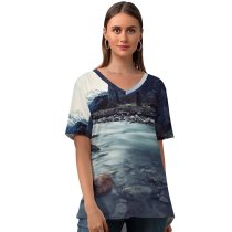 yanfind V Neck T-shirt for Women River Stream Mountains Exposure Landscape Rocks Summer Top  Short Sleeve Casual Loose