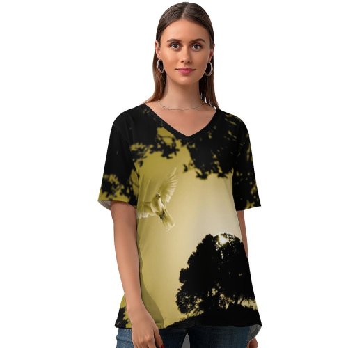 yanfind V Neck T-shirt for Women George Desipris Dove Flying Bird Sunset Trees Silhouette Scenic Evening Dawn Summer Top  Short Sleeve Casual Loose