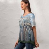 yanfind V Neck T-shirt for Women Hong Kong City Victoria Peak Cityscape Daytime Aerial Skyscrapers Clouds Harbor Summer Top  Short Sleeve Casual Loose
