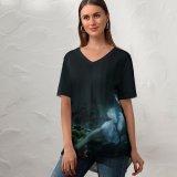 yanfind V Neck T-shirt for Women Travis Schluter Fantasy Cute Girl Enchanted Forest Magical Surreal Glowing Smiling Fairy Summer Top  Short Sleeve Casual Loose